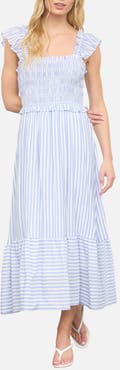 Blu Pepper Stripe Flutter Sleeve Smocked Dress