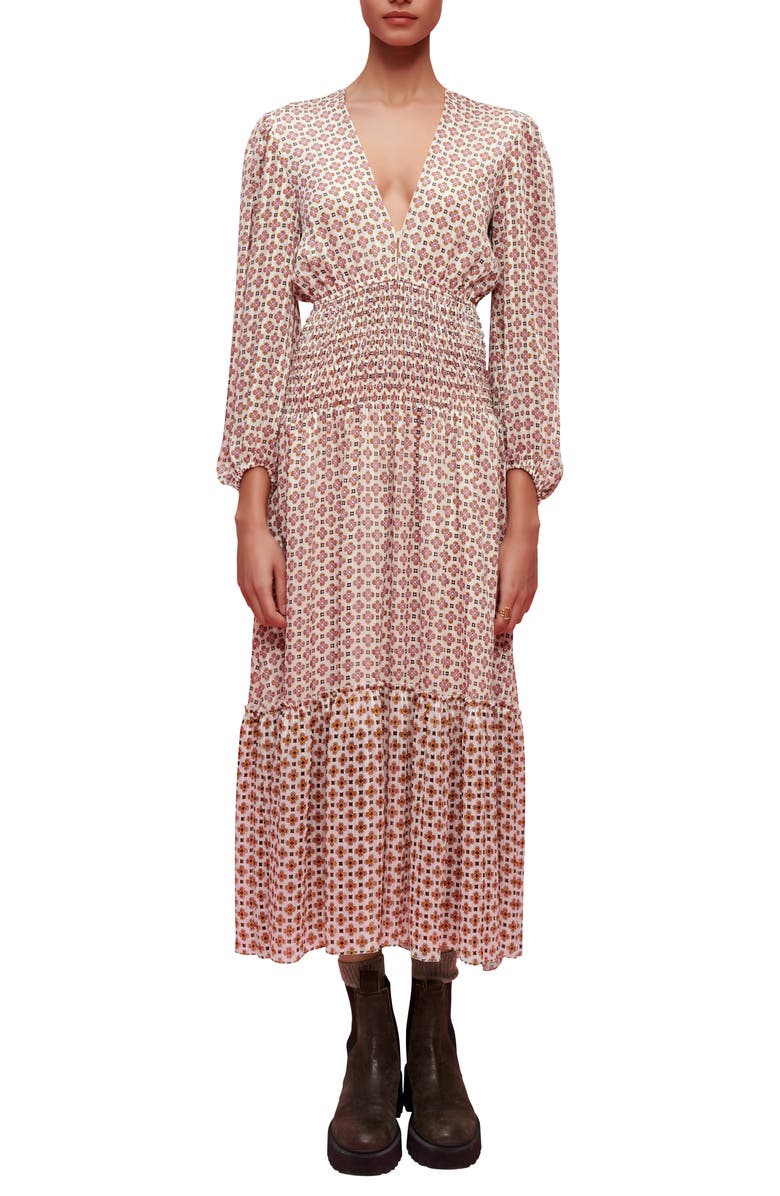 maje Geometric Long Sleeve Tiered Cotton Dress, Main, color, Geometrique Fond Ecru