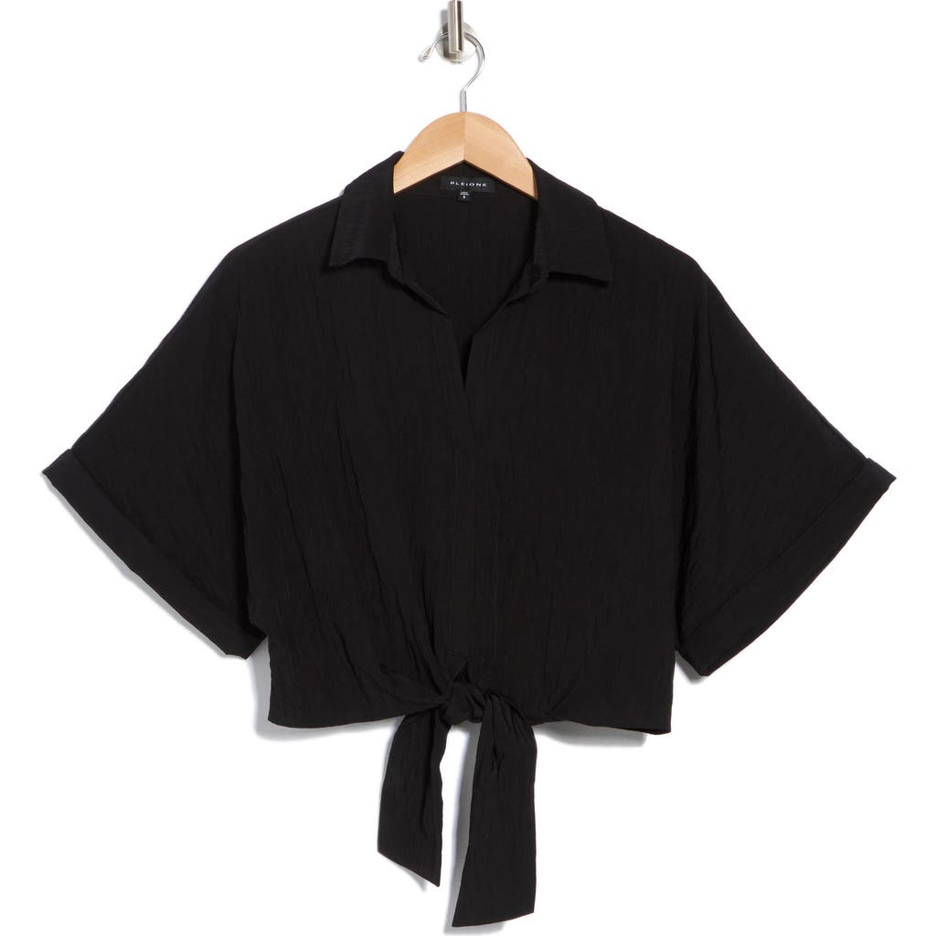 Pleione Textured Front Tie Popover Top In Black