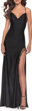 La Femme Fringe Beaded Slit Jersey Gown with Lace Up Back