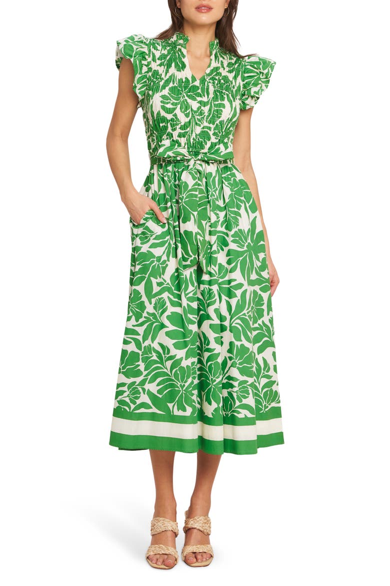 Print Midi Dress, Main, color, IVORY GREEN