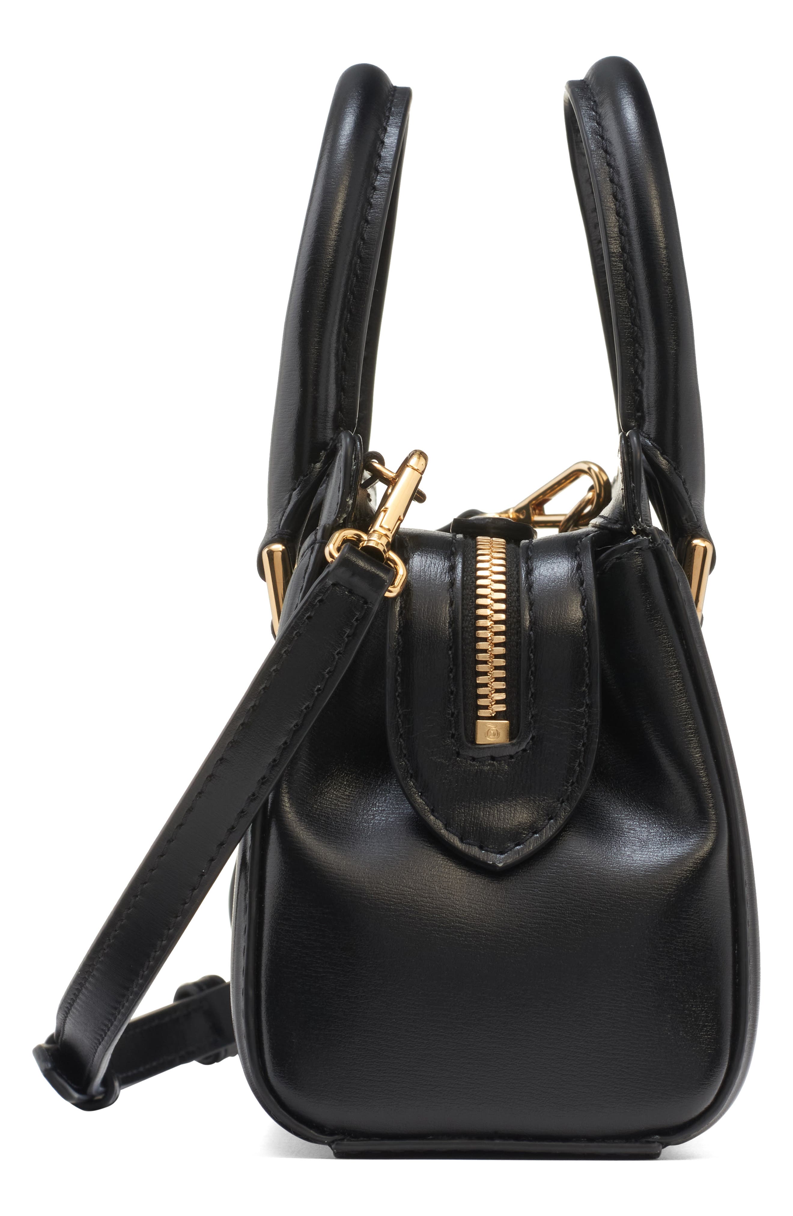 McQueen Mini Birdee Leather Top Handle Bag, Alternate, color, Black/ Gold