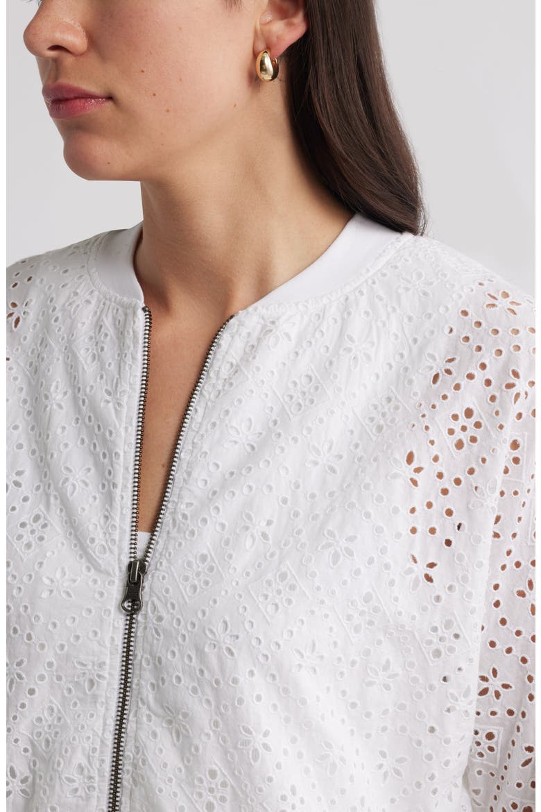 Embroidered Eyelet Cotton Zip-Up Bomber Jacket, Alternate, color, WHITE