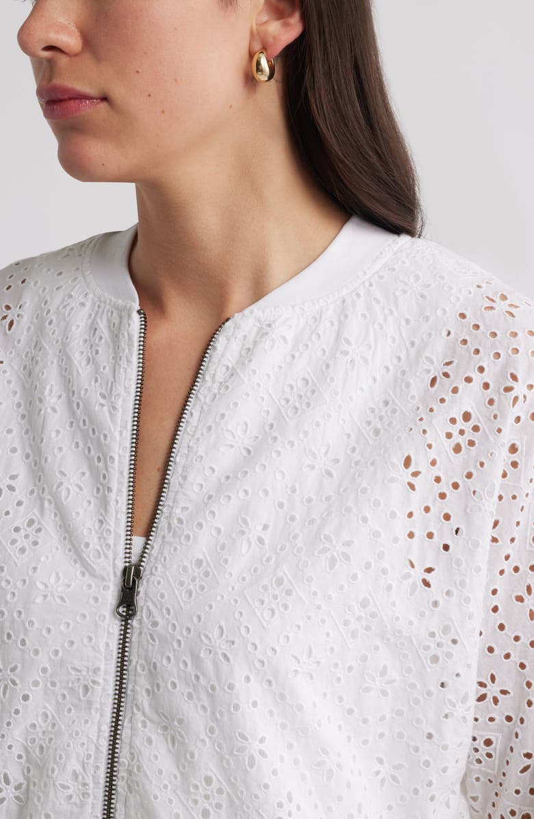 Caslon<sup>®</sup> Embroidered Eyelet Cotton Zip-Up Bomber Jacket, Alternate, color, White