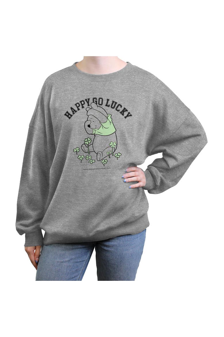 Junior's Winnie the Pooh St. Patrick's Day Happy Go Lucky  Sweatshirt, Main, color, Heather Gray