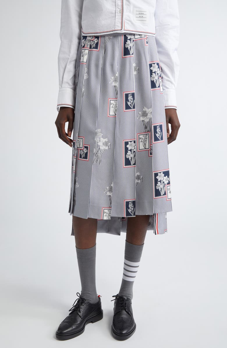Thom Browne Classic Framed Floral Pleated Silk Skirt, Main, color, Navy