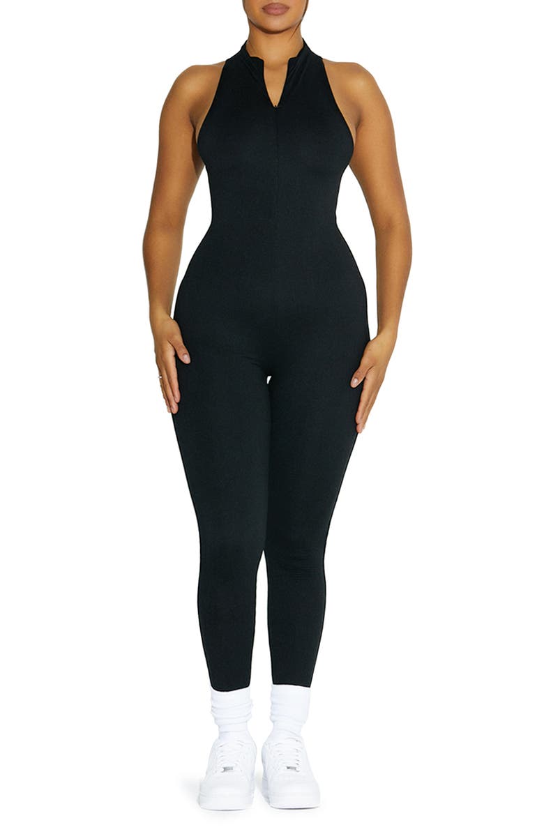 Naked Wardrobe x BARE High Neck Front Half Zip Jumpsuit, Main, color, Black