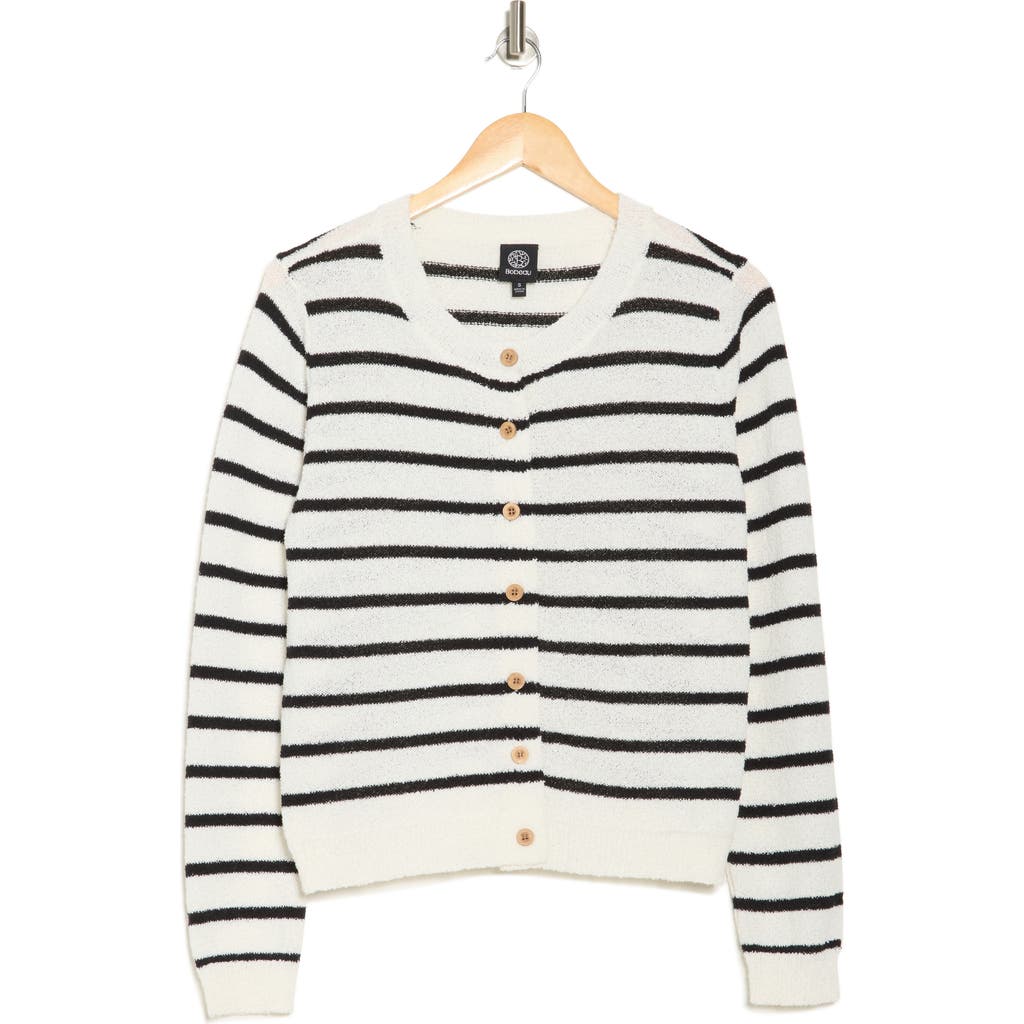 Bobeau Stripe Button Front Crop Cardigan In Ivory/black