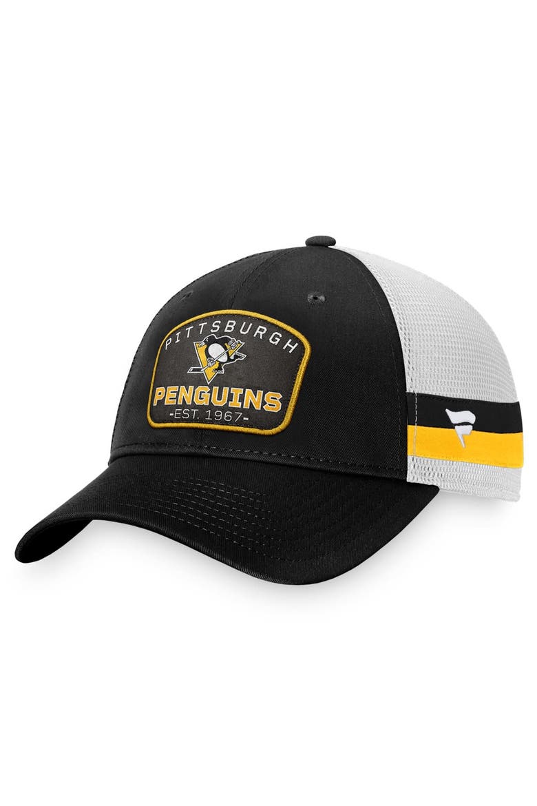 Men's Fanatics Branded Black/White Pittsburgh Penguins Fundamental Striped Trucker Adjustable Hat, Main, color, Black