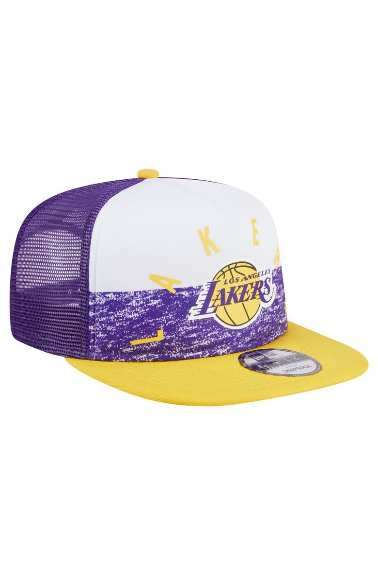 New Era Men's New Era Purple Los Angeles Lakers Arch A-Frame Trucker 9FIFTY Snapback Hat, Alternate, color, Purple