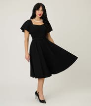 Unique Vintage Flutter Sleeve Belted Swing Dress