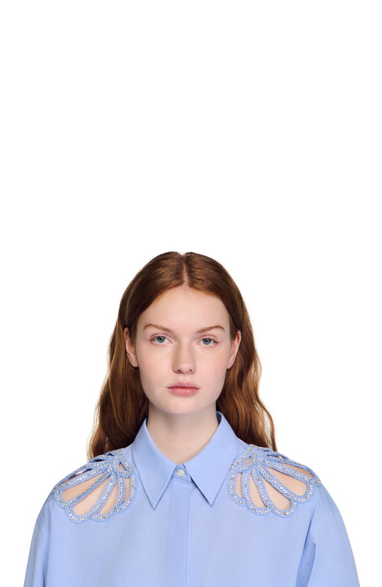 SANDRO Embroidered cotton shirt, Alternate, color, Sky Blue