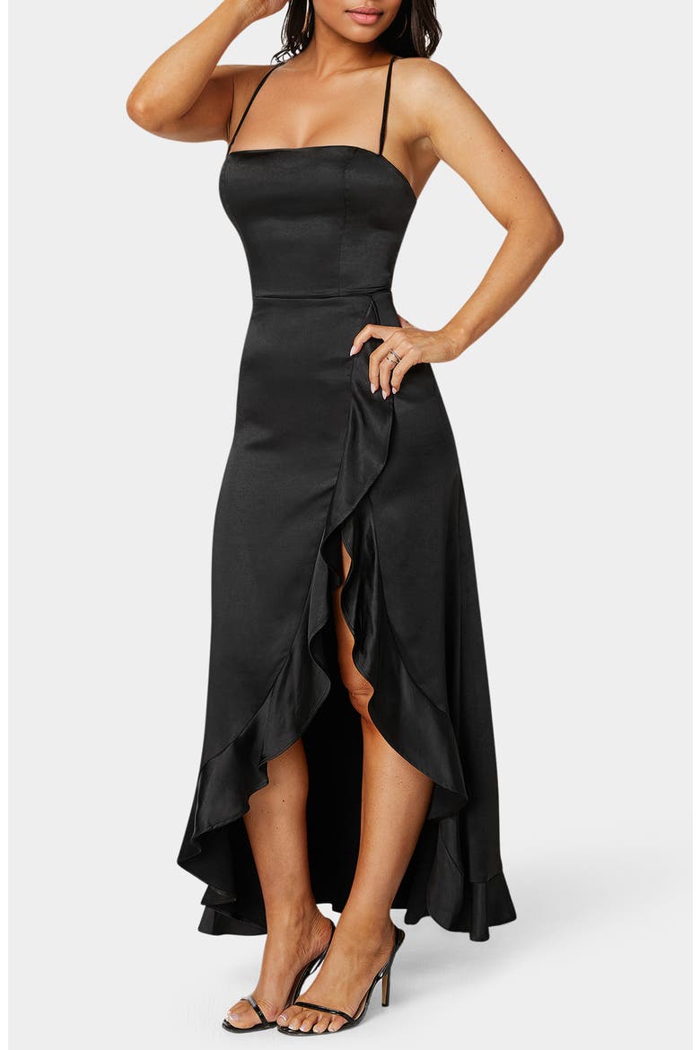 Lace-Up Back Ruffle Satin Maxi Dress, Alternate, color, BLACK