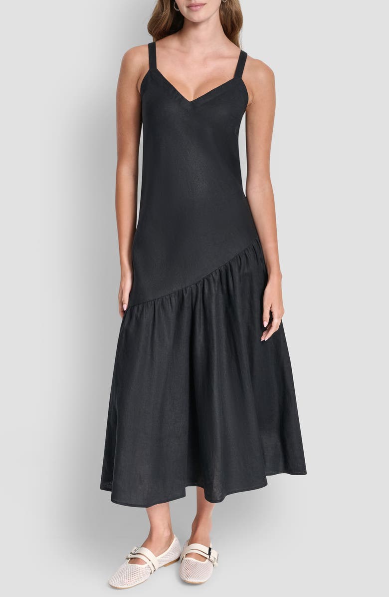 DKNY Shirred Linen Maxi Dress, Main, color, Black