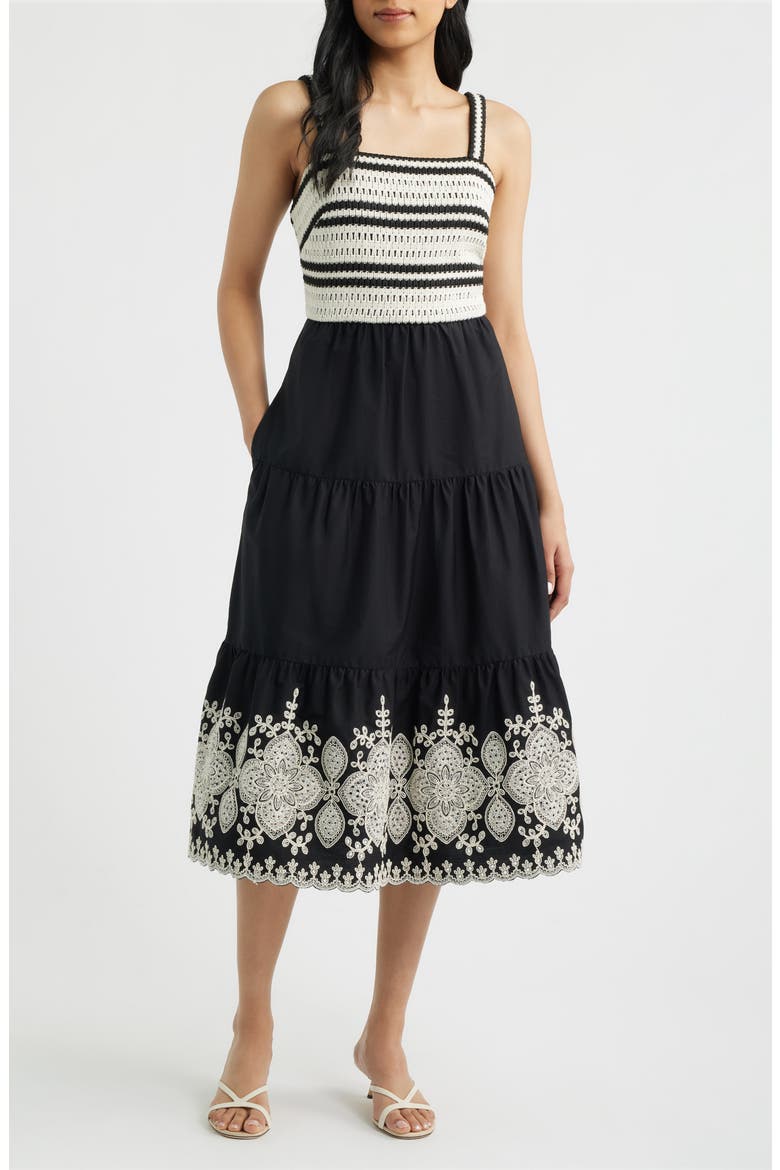 Crochet Embroidered Midi Sundress, Main, color, NAT BLACK