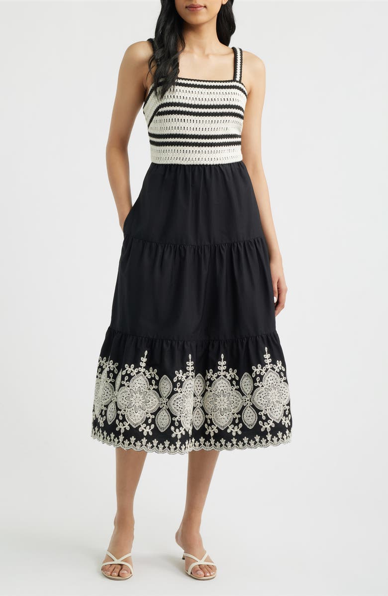 Eliza J Crochet Embroidered Midi Sundress, Main, color, Nat Black