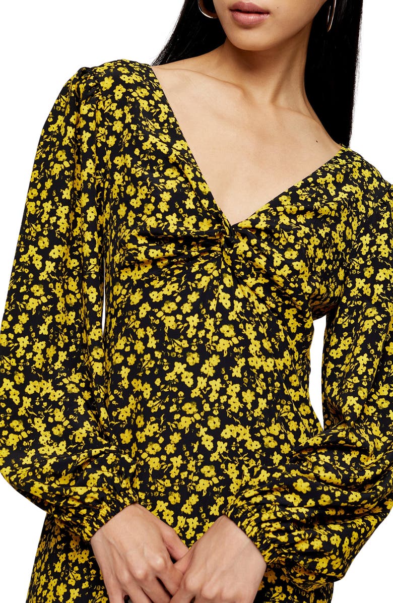 Topshop Floral Godet Twist Front Long Sleeve Midi Dress, Alternate, color, 