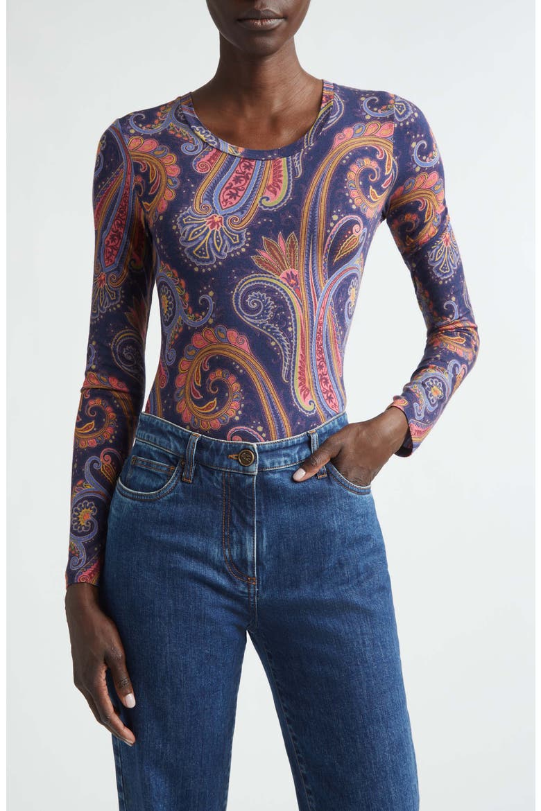 Paisley Long Sleeve Top, Main, color, PRINT ON BLUE BASE