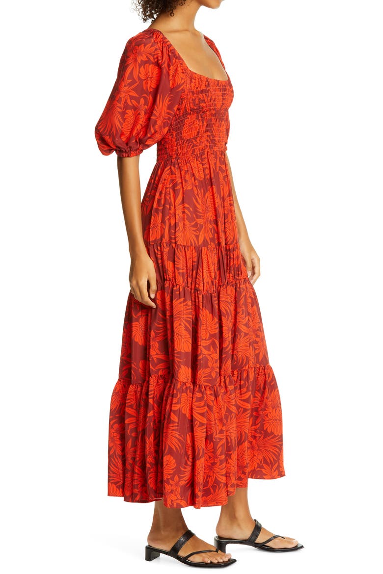 Smocked Bodice Silk Maxi Dress, Alternate, color, RAISIN/ POPPY PALM