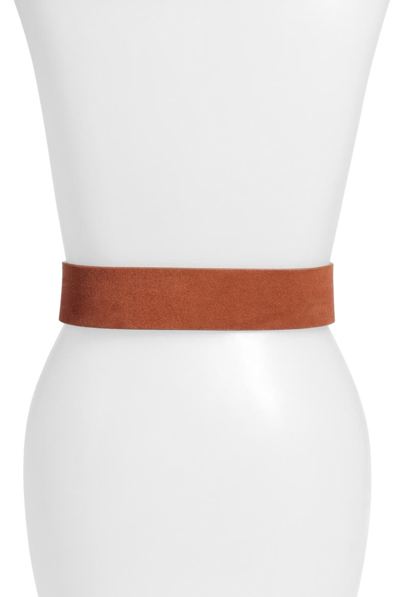 Wooden Buckle Suede Belt (Nordstrom Exclusive), Alternate, color, COGNAC