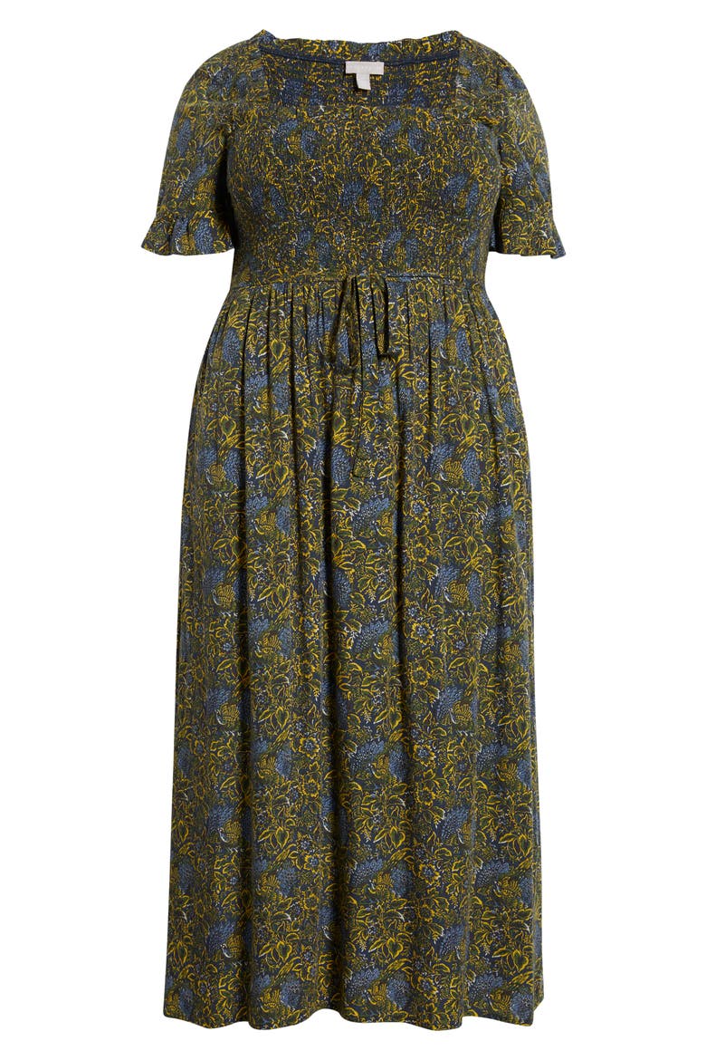 Smocked Ruffle Maxi Dress, Alternate, color, NAVY- YELLOW JASMINE BOHO