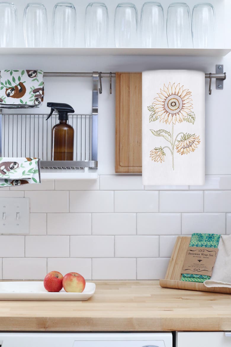 Sunflower Cotton Embroidered Flour Sack Kitchen Towel, Alternate, color, White