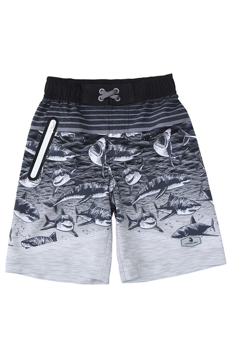 Rokka&Rolla Kids' 4-Way Stretch Swim Trunks with Mesh Lining, Main, color, Gray Shark
