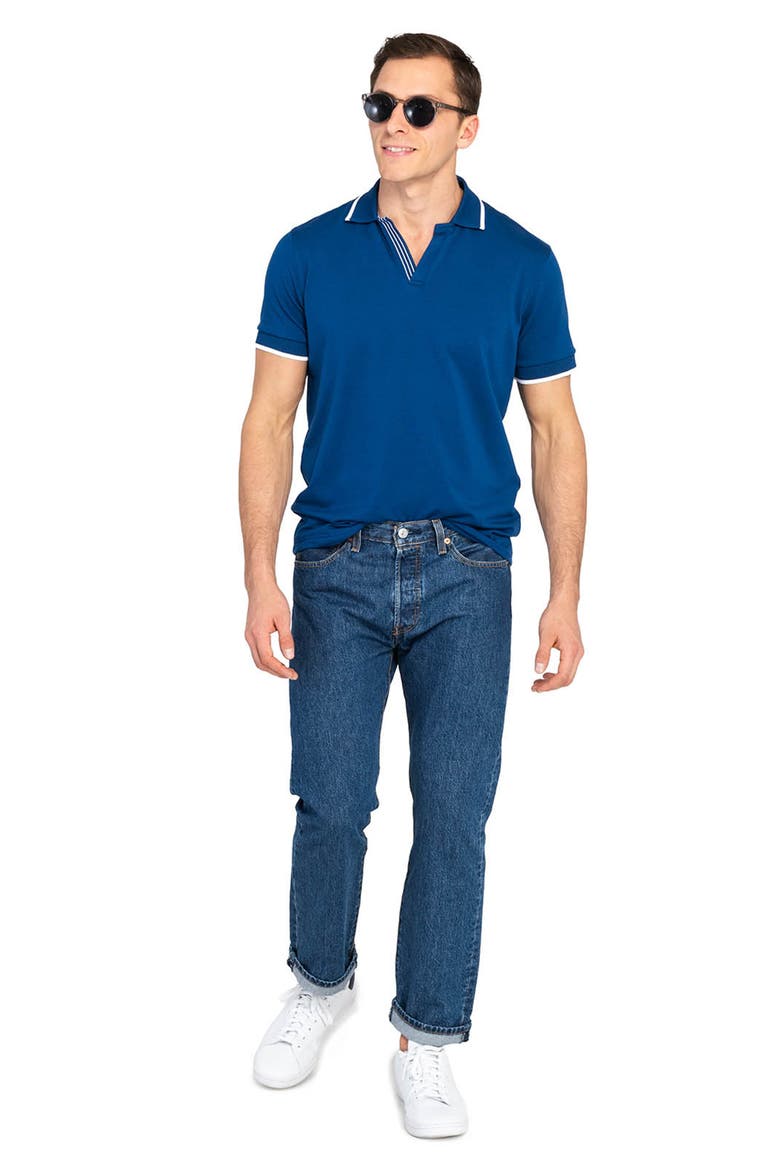 Slim Fit Solid Johnny Collar Short Sleeve Polo, Alternate, color, NAVY