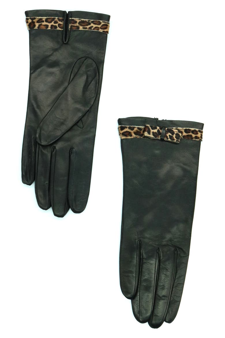 Leather & Genuine Calf Hair Gloves, Main, color, BLACK/ LEOPARD