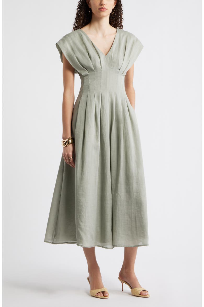 Pleat Waist A-Line Dress, Main, color, GREEN CHAPARRAL