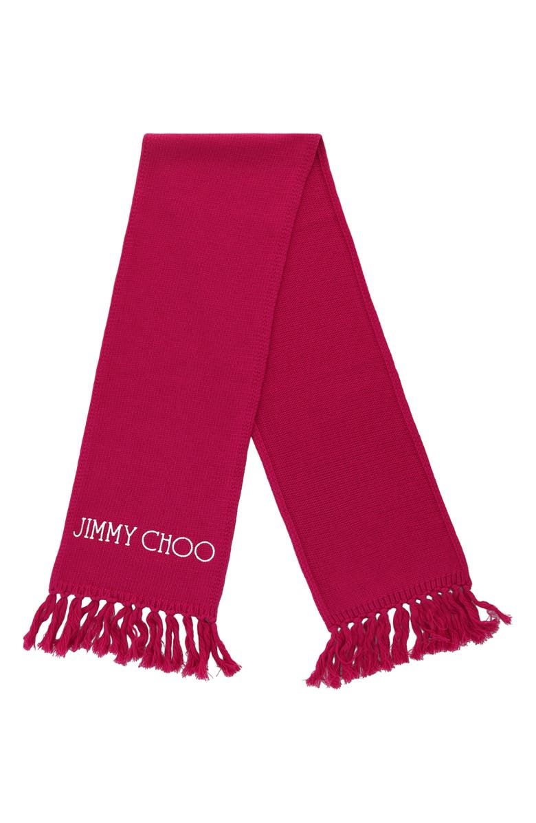 Jimmy Choo Embroidered Logo Wool Scarf, Main, color, Bright Pink