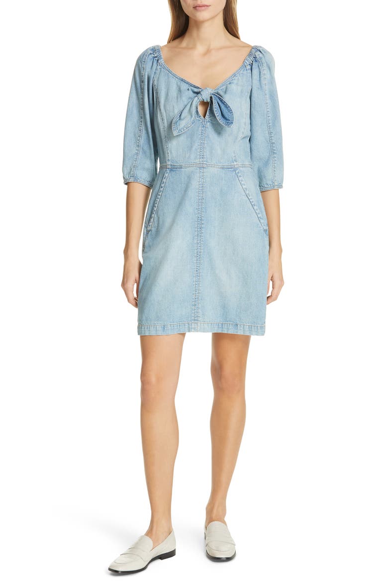 Tie Neck Denim Dress, Main, color, FORGET ME NOT WASH