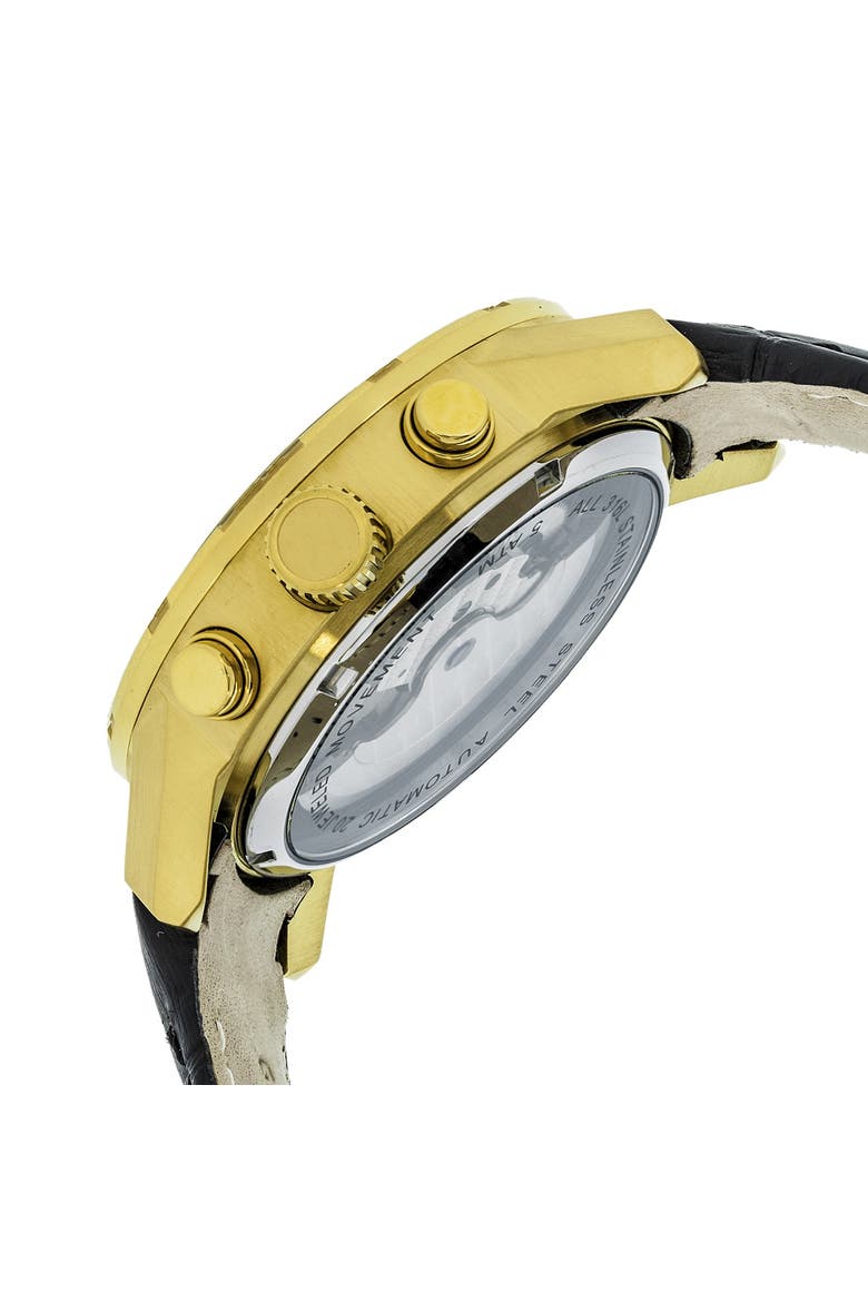 Hannibal Semi-Skeleton Leather-Band Watch, Alternate, color, Gold/Black