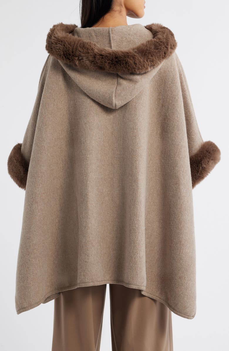 La Fiorentina Faux Fur Trim Hooded Ruana, Alternate, color, Tan