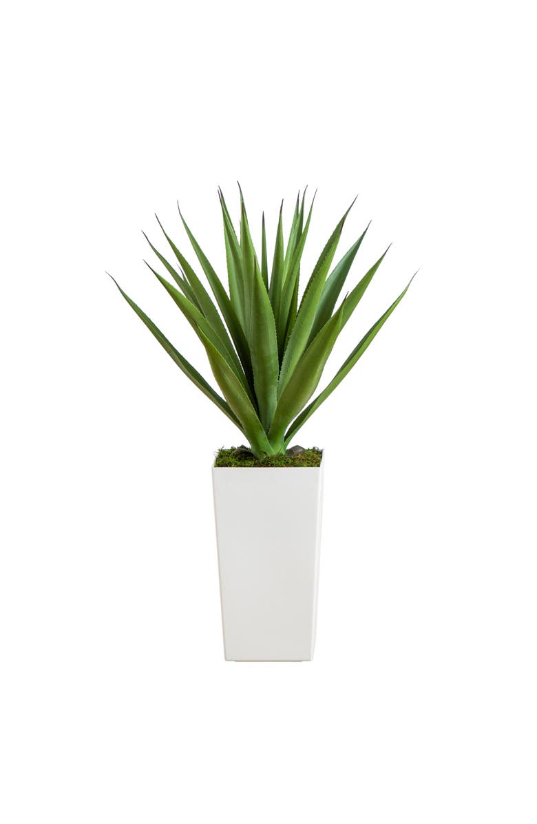 NEARLY NATURAL 27-in UV Resistant Artificial Agave Plant in White Tower Planter, Main, color, Green