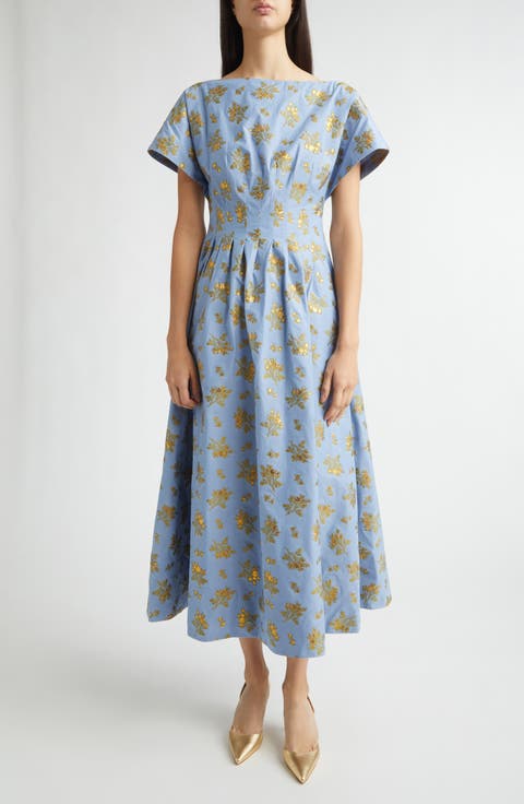 Metallic Floral Cotton Blend Jacquard Midi Dress