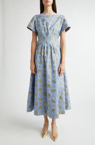 Lela Rose Metallic Floral Cotton Blend Jacquard Midi Dress