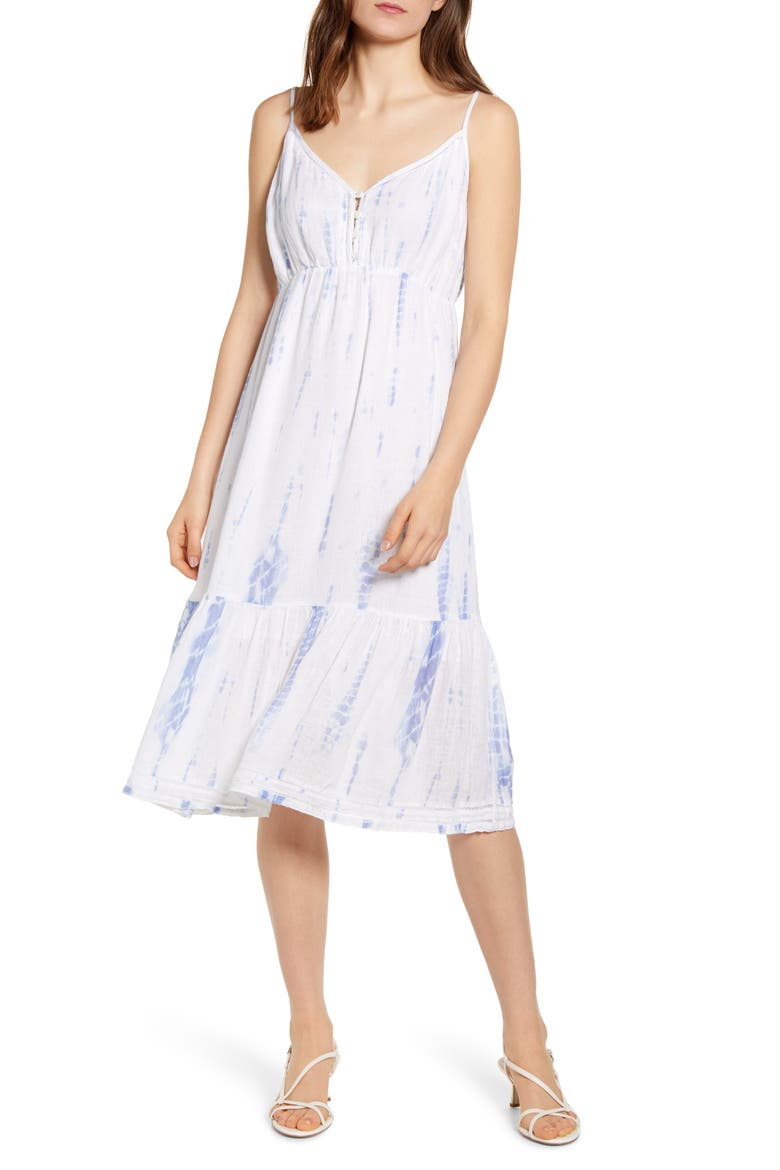 Delilah Openwork Linen Blend Midi Dress, Main, color, CLOUD TIE DYE