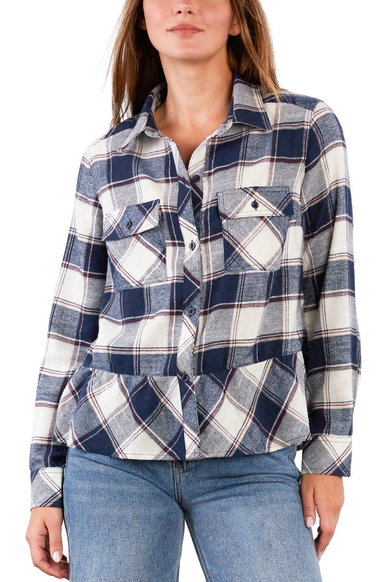 Billy T Ryan Plaid Ruffle Peplum Button-Up Shirt, Alternate, color, Mighty Plaid