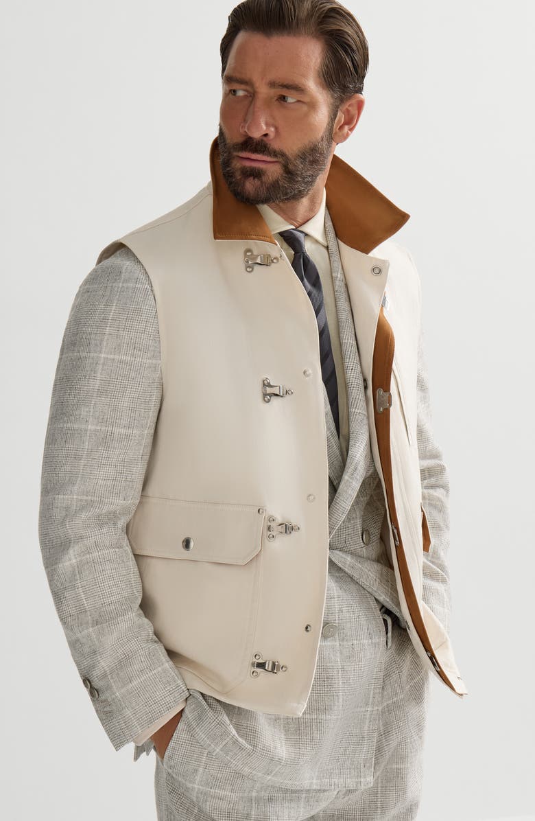 Brunello Cucinelli Cotton and linen canvas vest with suede inserts and hook fastening, Alternate, color, White