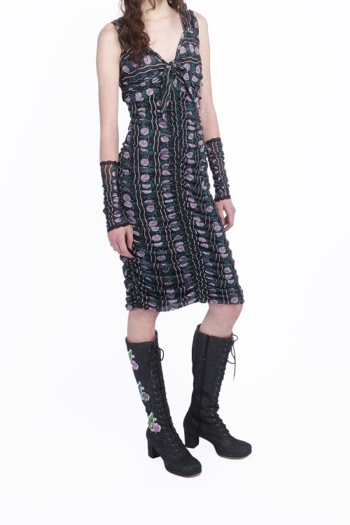 Anna Sui Rosetti Mesh Ruched Tie Dress In Black/lilac Multi