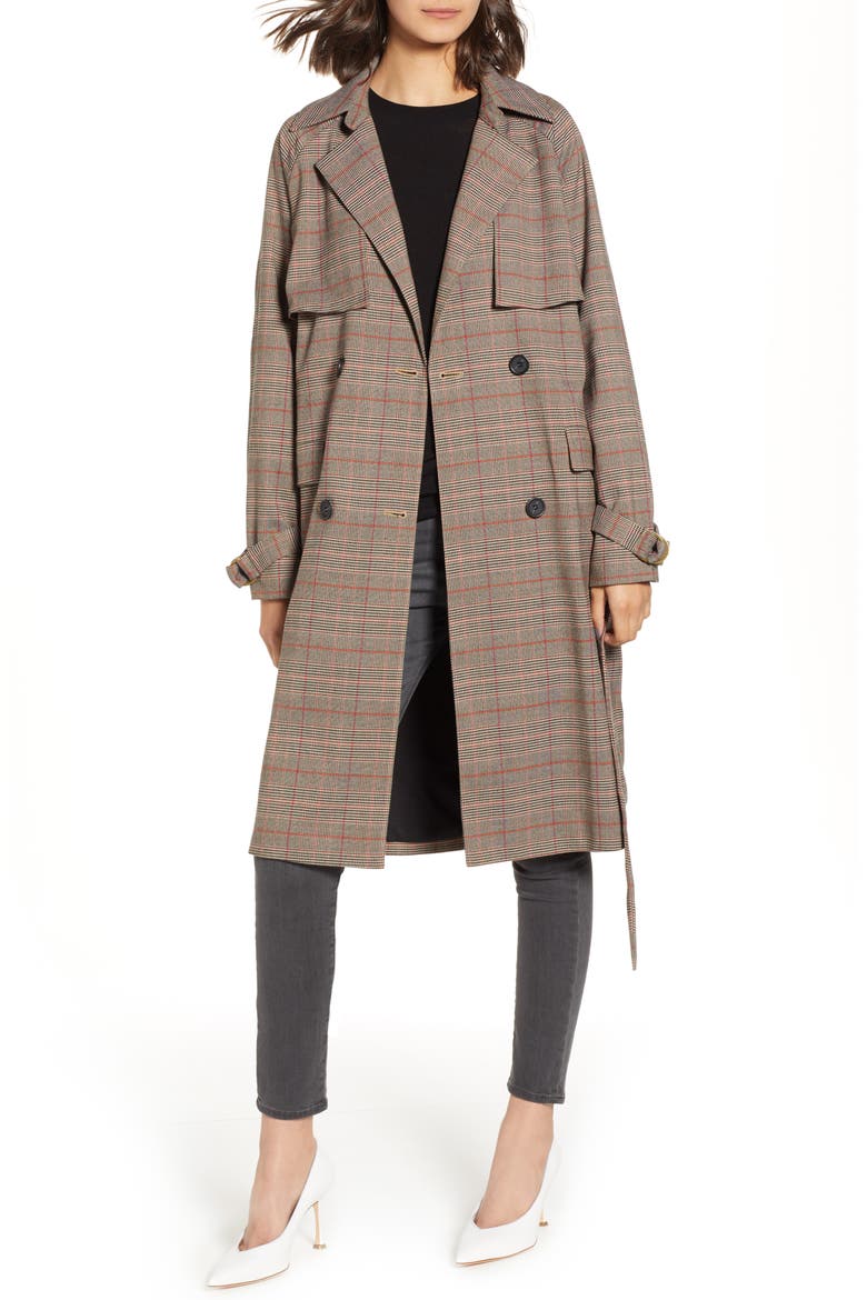 Plaid Trench Coat, Main, color, TAN BLACK GLEN PLAID
