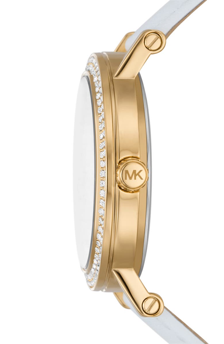 Michael Kors Three Hand Quartz CZ Embellished Leather Strap Watch, 38mm, Alternate, color, Gold