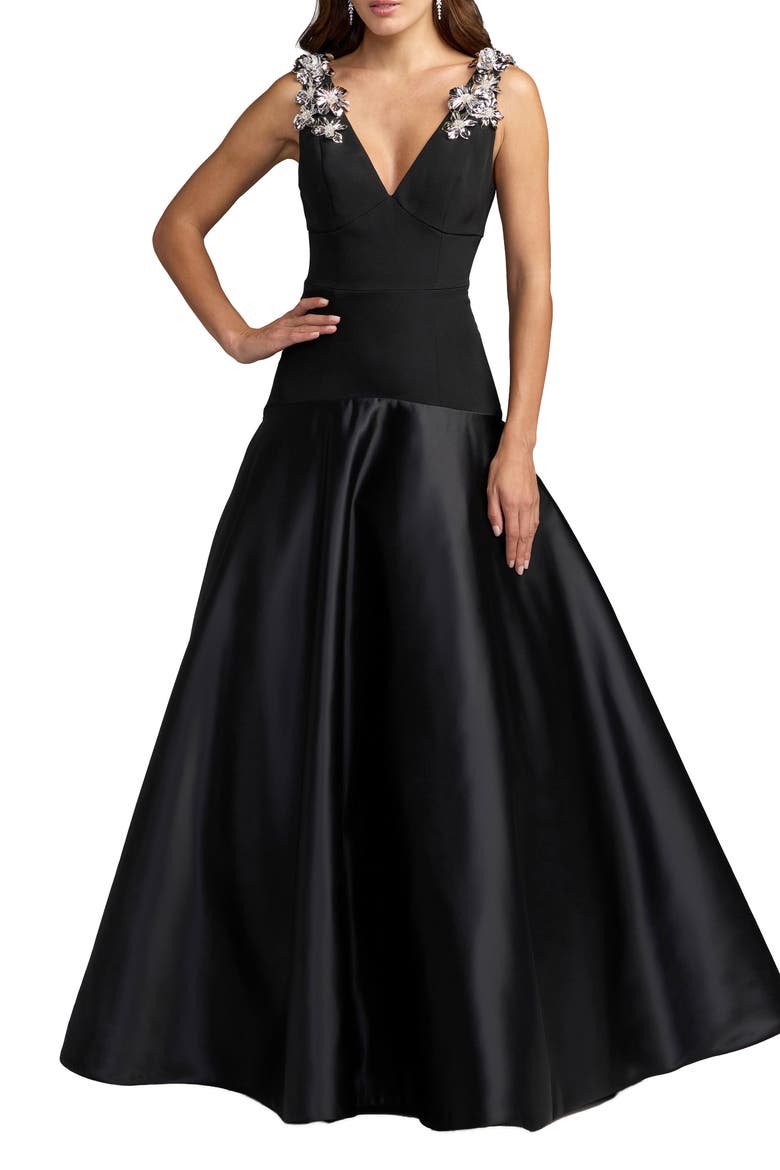 Crepe And Satin Plunging V-Neck Ballgown, Main, color, Black