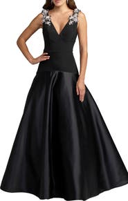Mac Duggal Crepe And Satin Plunging V-Neck Ballgown