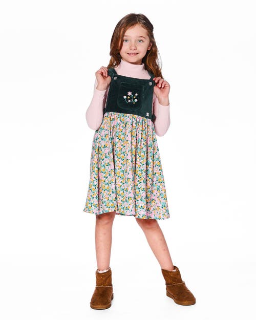 Deux Par Deux Bi-material Overall Dress With Flower In Green