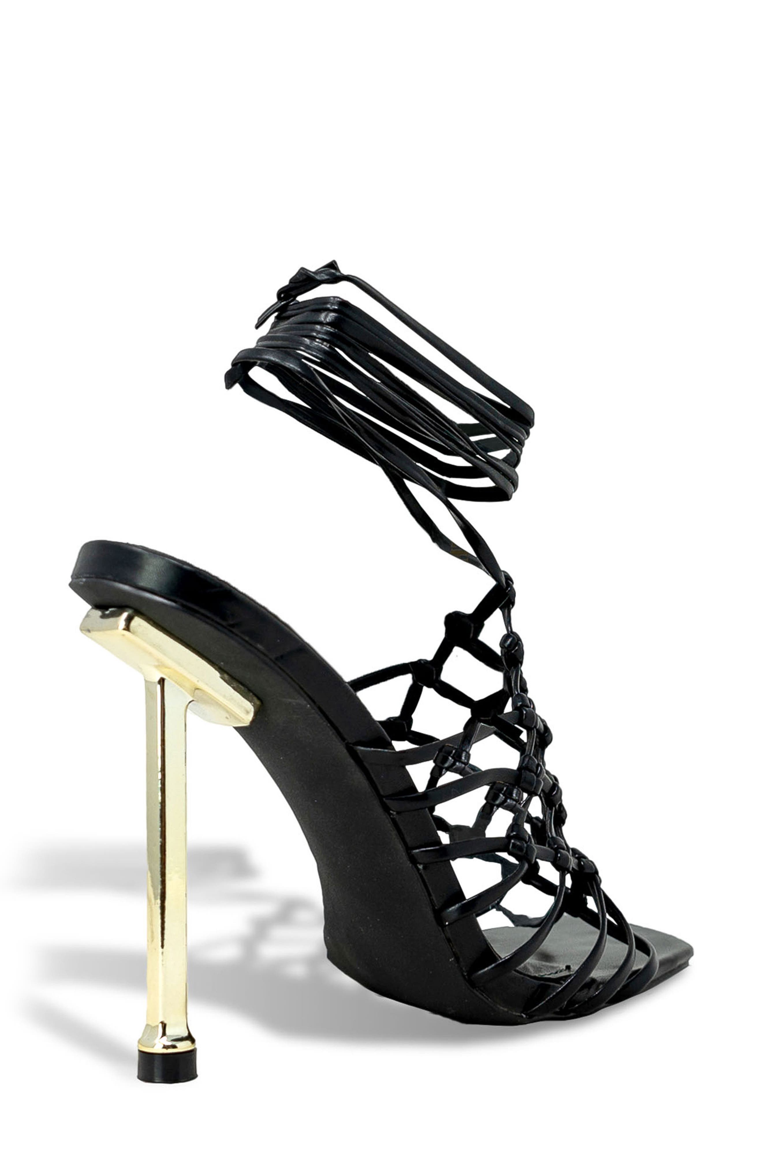 CHASE AND CHLOE Caged Ankle Tie Sandal, Alternate, color, Black Pu