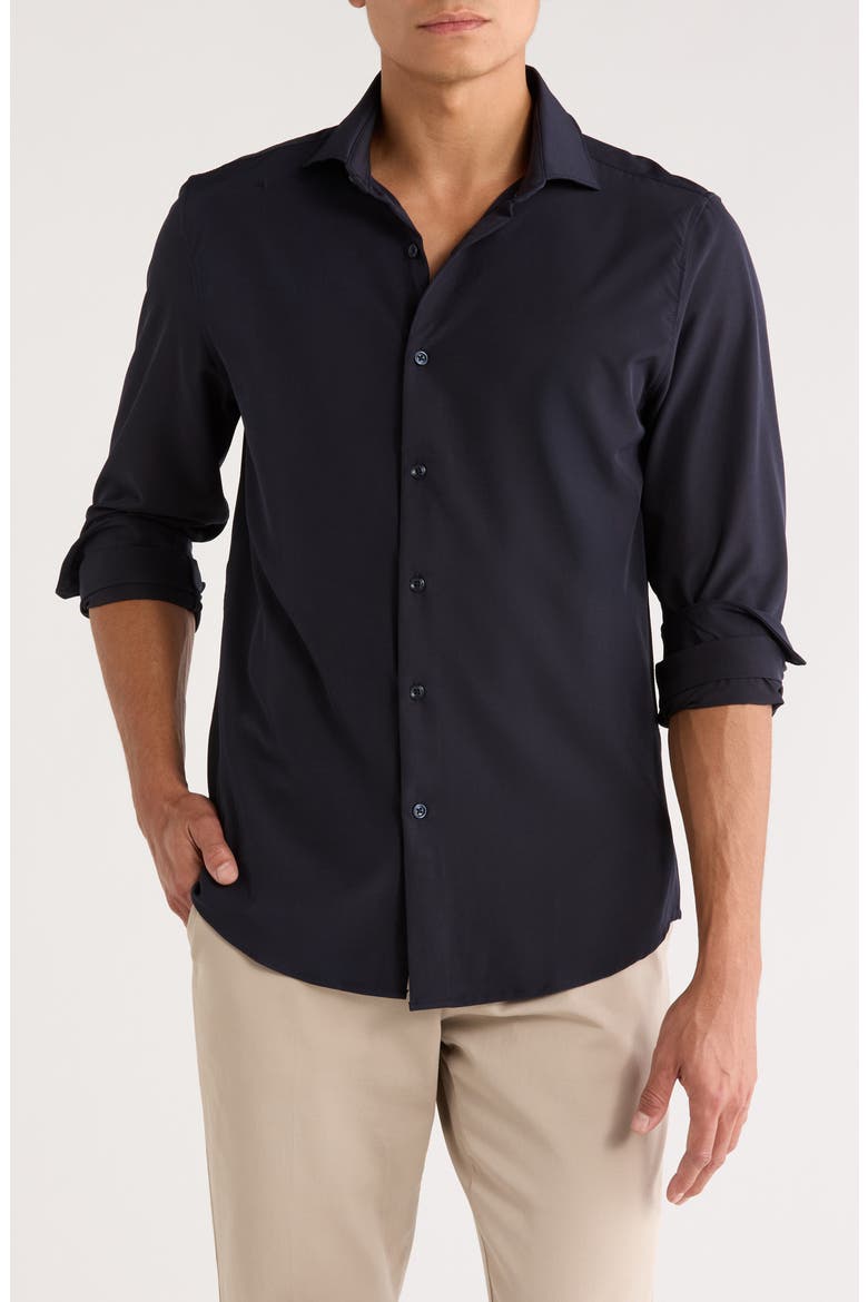 Solid Tech Button-Up Shirt, Main, color, NAVY