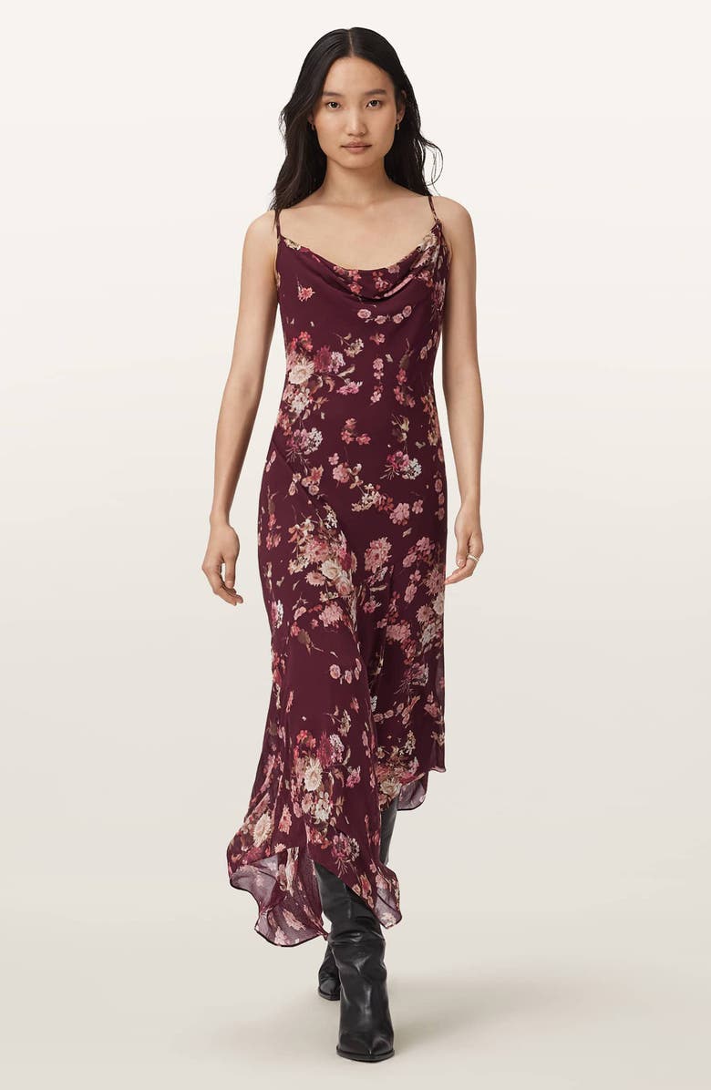 AllSaints Charlotte Floral Handkerchief Hem Midi Dress, Alternate, color, Armada Wine Red