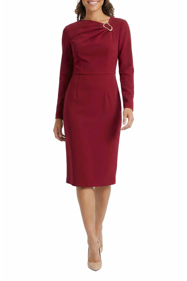 Buckle Detail Long Sleeve Sheath Dress, Main, color, RED DAHLIA